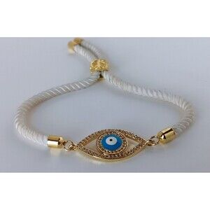 Turkish Goldplated Rhinestone Evil Eye Pull Cord Bracelet adj up to 8 in